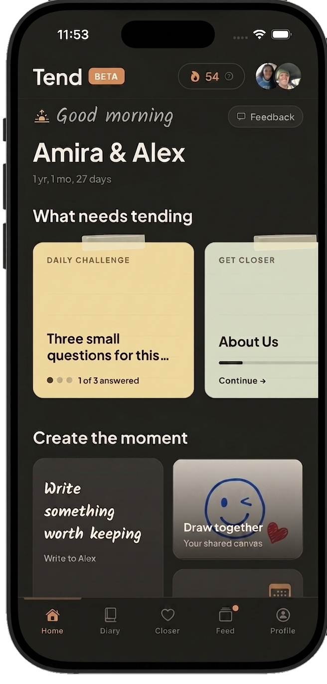 The Tend app home screen showing a 54-day streak