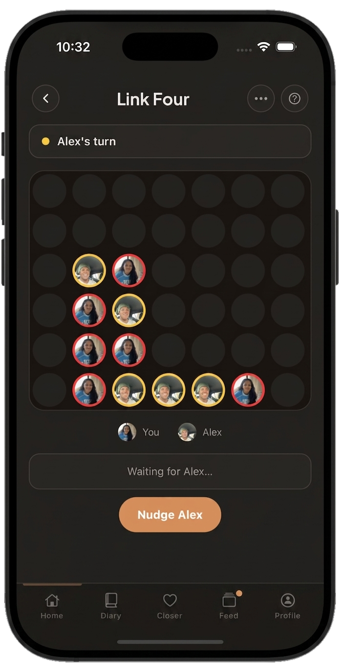 Playing Link Four together in the Tend app