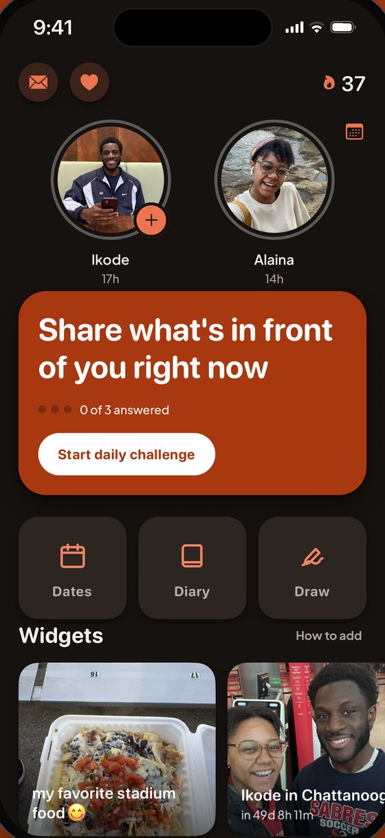 Tend's Home screen: both partners, today's challenge and their widgets