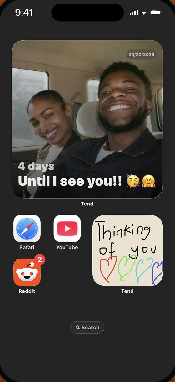 An iPhone home screen with two Tend widgets: a countdown photo and a hand-drawn note saying Thinking of you